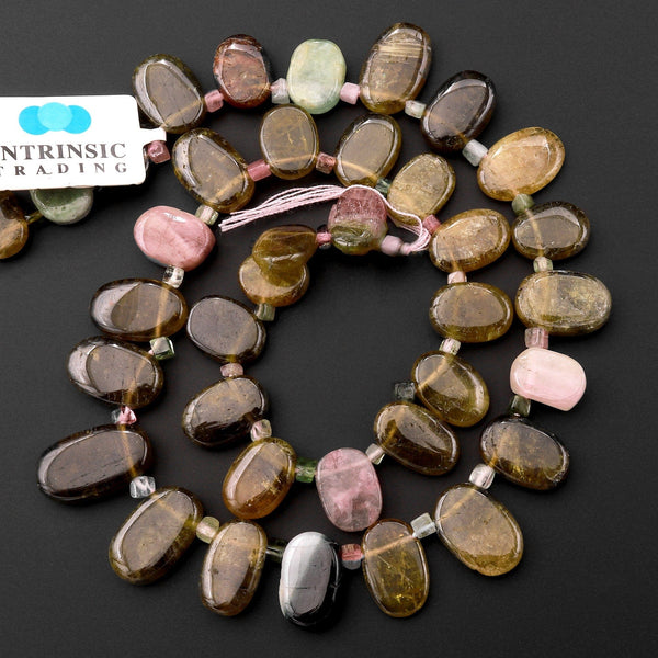 Natural Green Pink Tourmaline Freeform Oval Beads 15.5" Strand