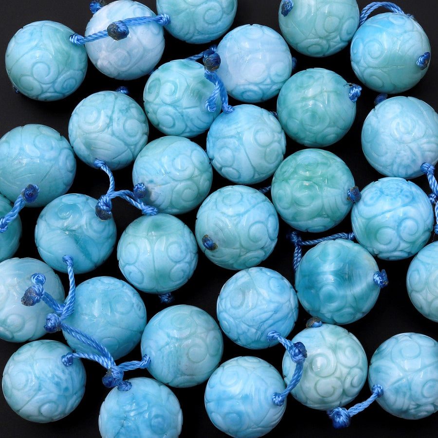 AAA Rare Hand Carved Natural Blue Larimar Round Beads Earring Pair Drilled Matched Gemstone