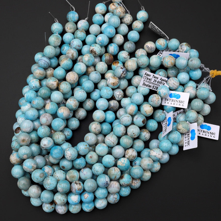 Robin's Blue Aqua Terra Agate 6mm 8mm 10mm 12mm Round Beads Aka Dragon's Eye 14" Strand