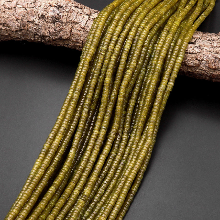 Natural Olive Green Jade 4mm Heishi Gemstone Beads 15.5" Strand