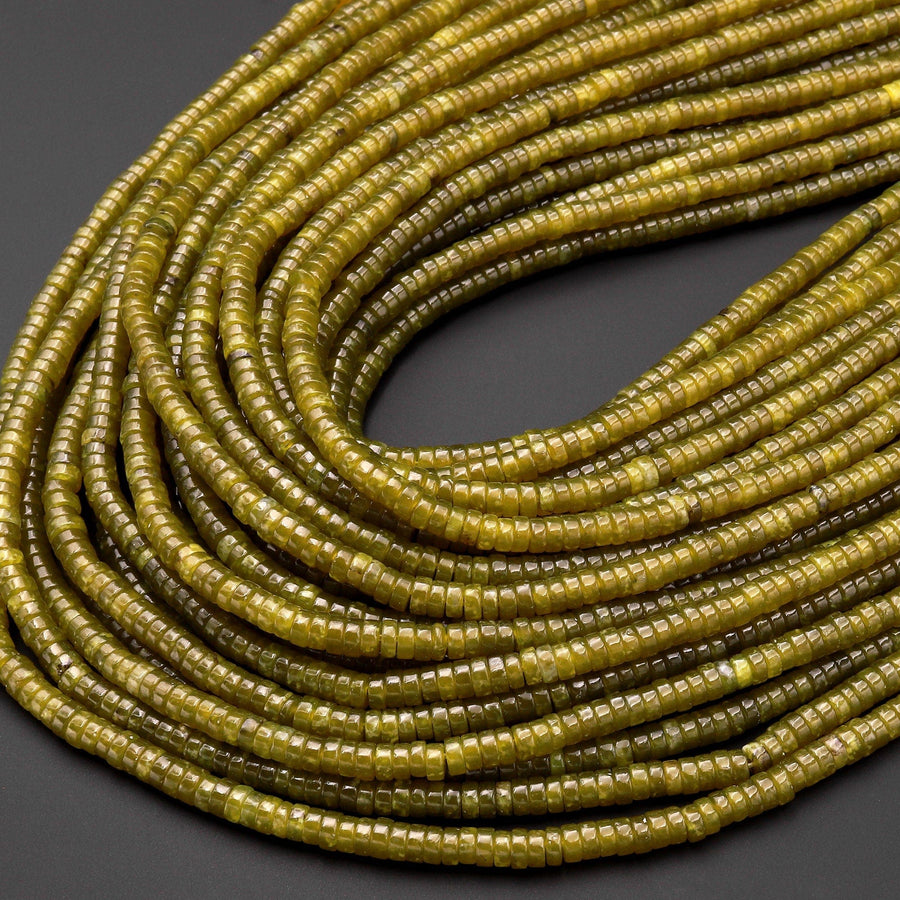 Natural Olive Green Jade 4mm Heishi Gemstone Beads 15.5" Strand