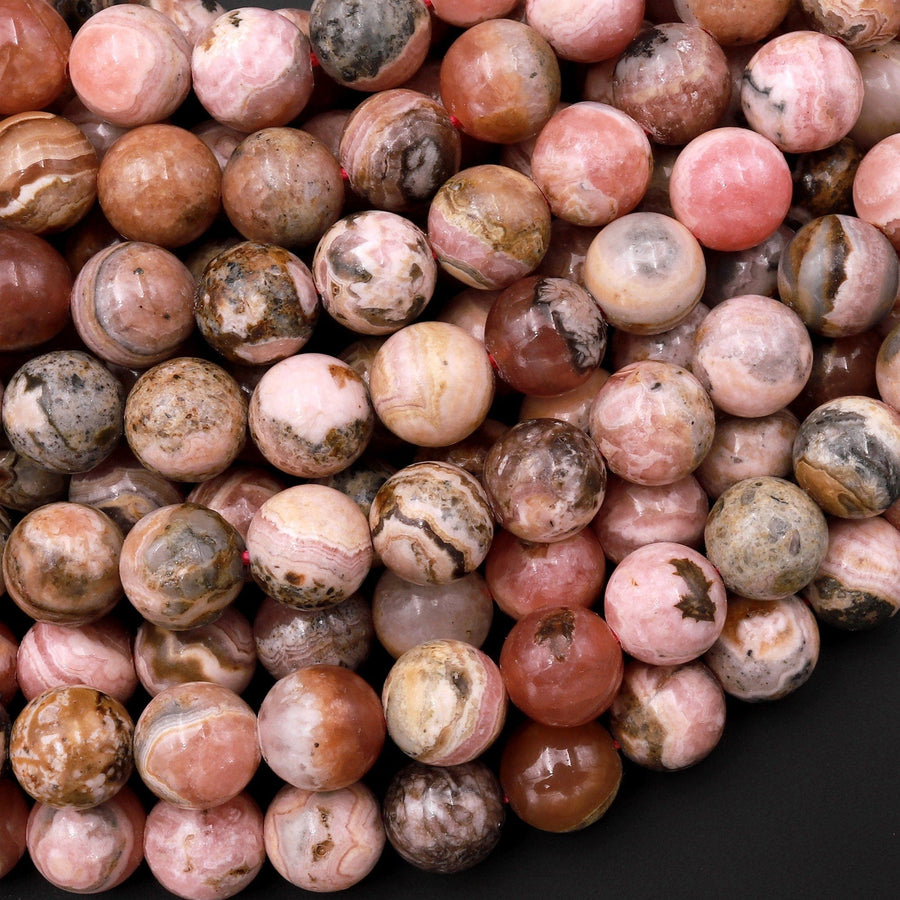 Natural Pink Red Rhodochrosite 6mm 8mm Smooth Polished Round Beads 15.5" Strand