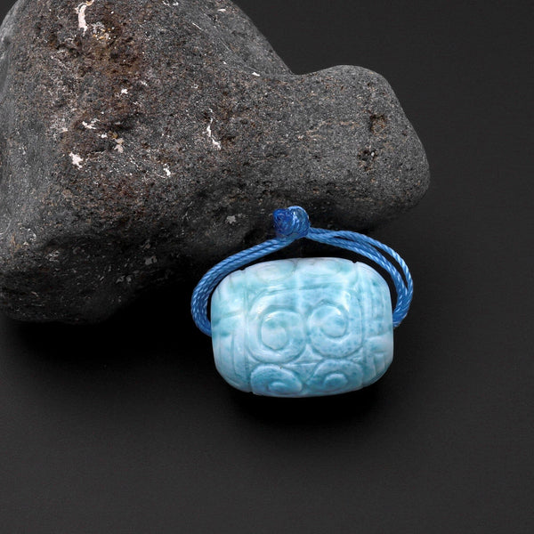 AAA Rare Hand Carved Natural Blue Larimar Drum Barrel Focal Bead Pendant