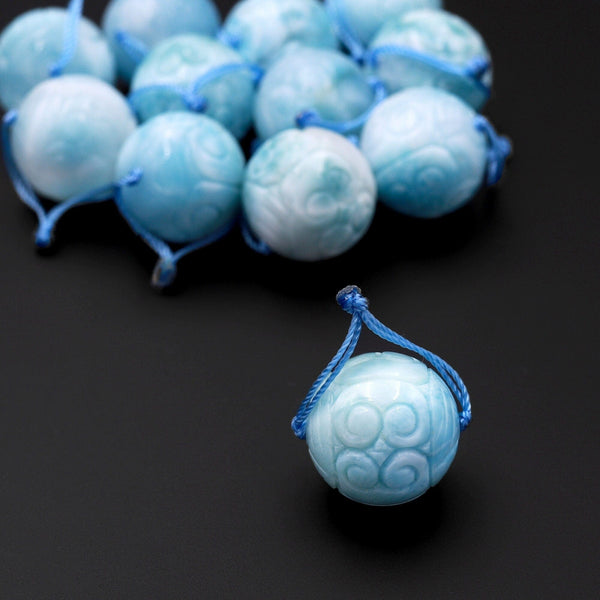 AAA Rare Hand Carved Natural Blue Larimar Round Focal Bead Pendant