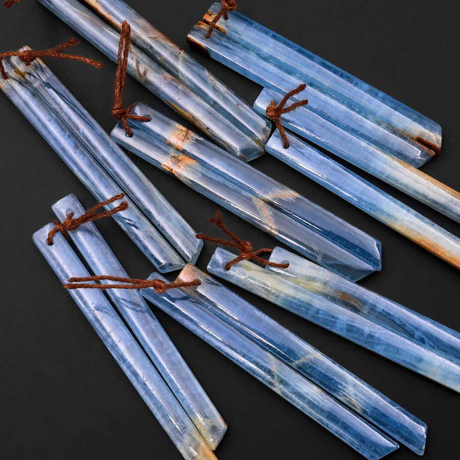 Natural Argentina Lemurian Aquatine Blue Calcite Super Long Linear Spike Earring Pairs Drilled Matched Gemstone Beads