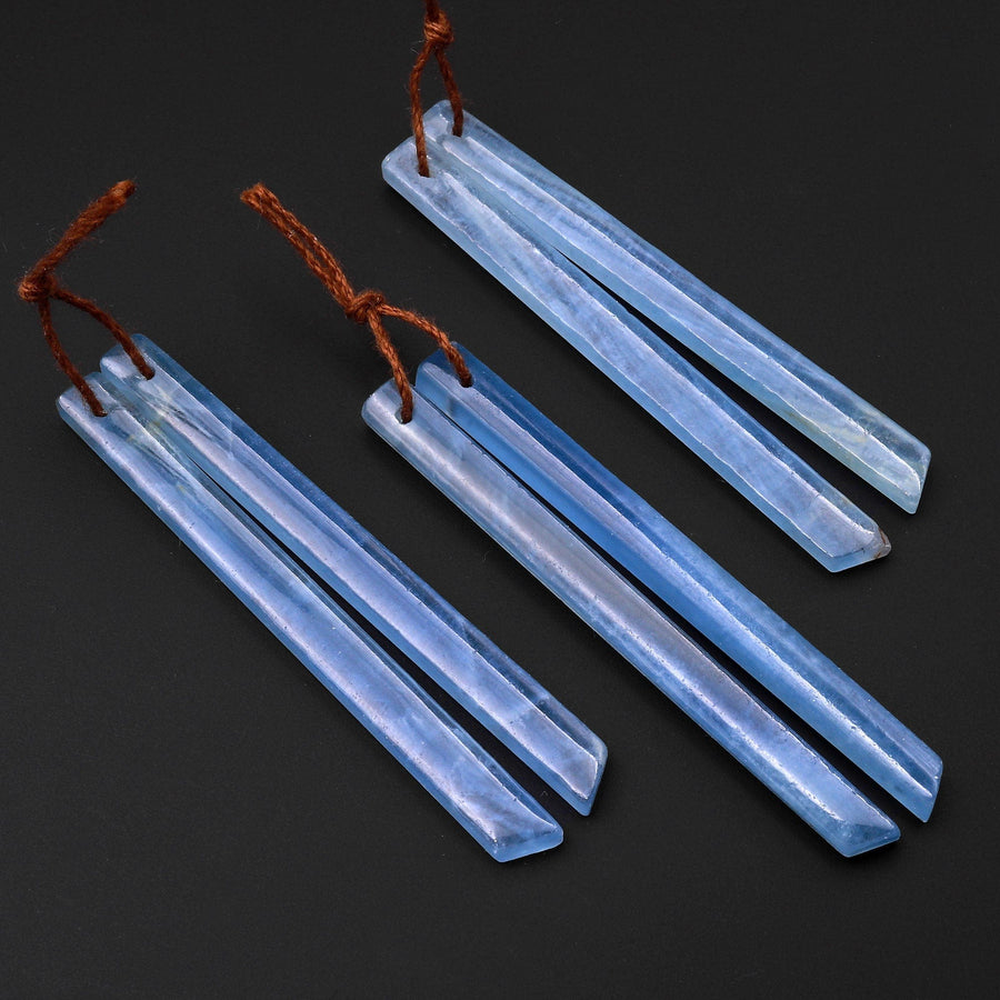 Rare Natural Argentina Lemurian Aquatine Blue Calcite Super Long Linear Spike Earring Pairs Drilled Matched Gemstone Beads