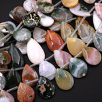Natural Ocean Jasper Beads Top Side Drilled Teardrop Vibrant Green Yellow Red Orbs Eyes 15.5" Strand