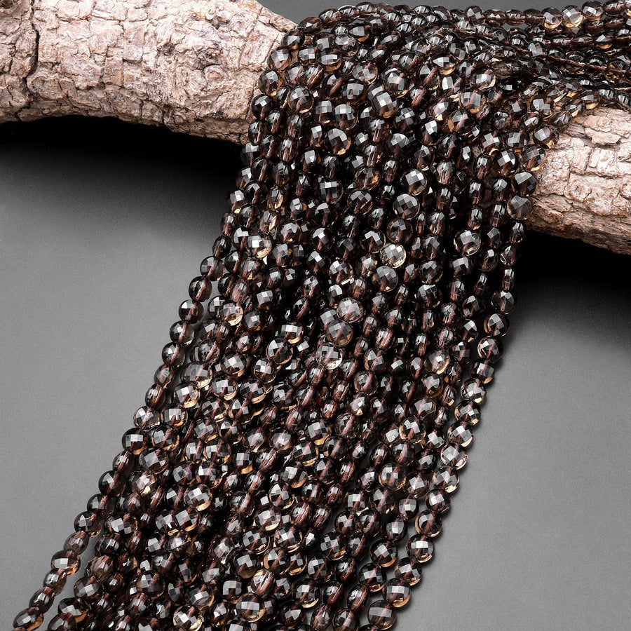 Faceted Natural Smoky Quartz Coin Beads 6mm Flat Disc Dazzling Micro Diamond Cut Gemstone 15.5" Strand