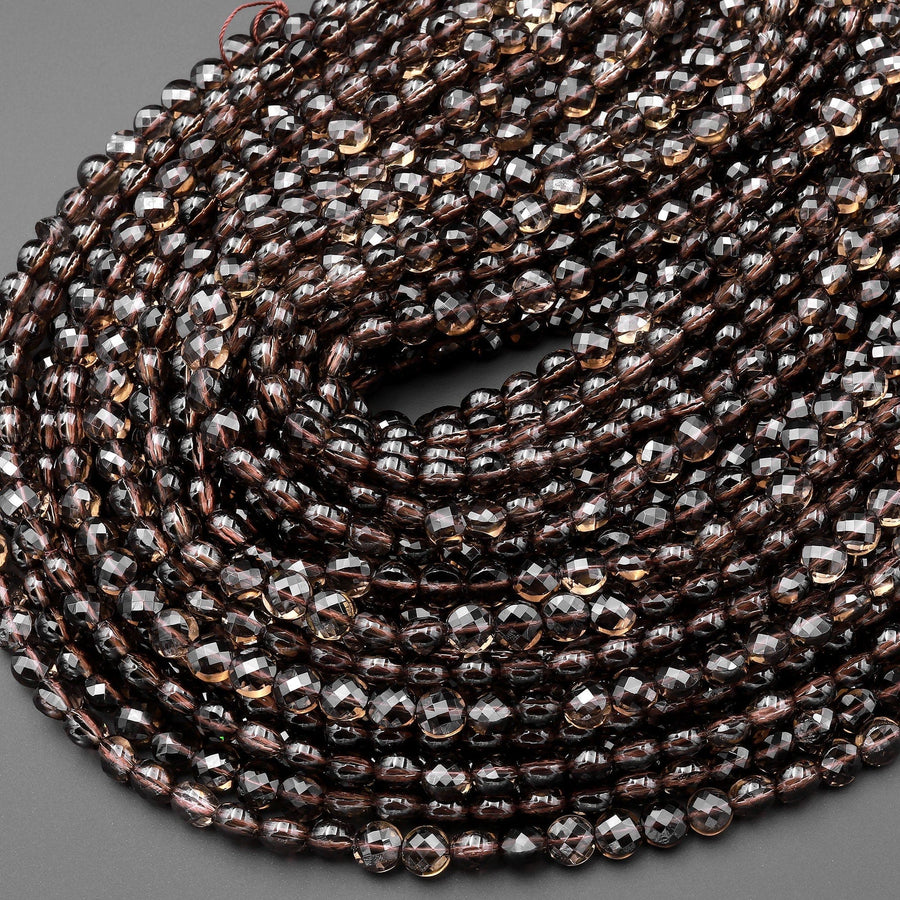 Faceted Natural Smoky Quartz Coin Beads 6mm Flat Disc Dazzling Micro Diamond Cut Gemstone 15.5" Strand