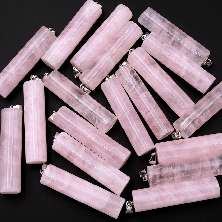 Natural Pink Rose Quartz Long Cylinder Pendant Natural Crystal Focal Bead