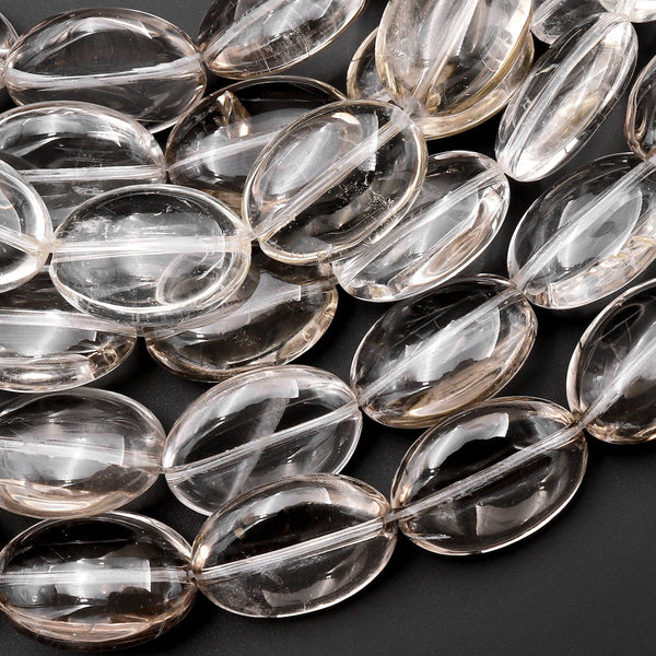 Natural Smoky Rock Crystal Quartz Beads Smooth Oval 15.5" Strand