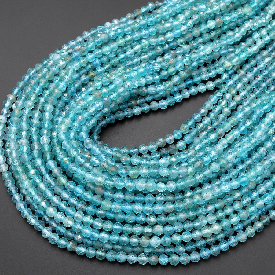 Natural Apatite Beads Faceted 4mm Round Beads Teal Blue Green Gemstone Micro Diamond Cut 15.5" Strand