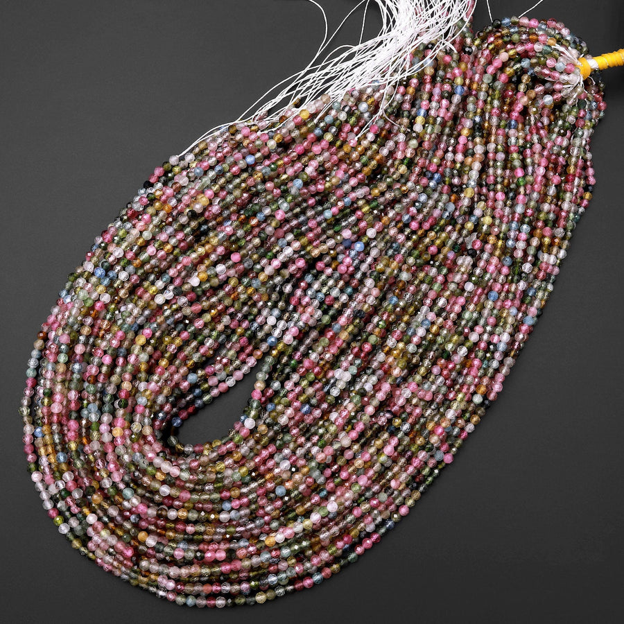AAA Micro Faceted Natural Multicolor Tourmaline Round Beads 3mm Pink Green Blue Real Genuine Gemstone 15.5" Strand
