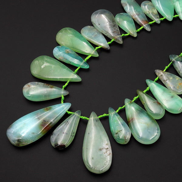 Gemmy Green Color~ Large Natural Australian Chrysoprase Teardrop Beads Focal Pendant Top Side Drilled Gemstone A2 15.5" Strand
