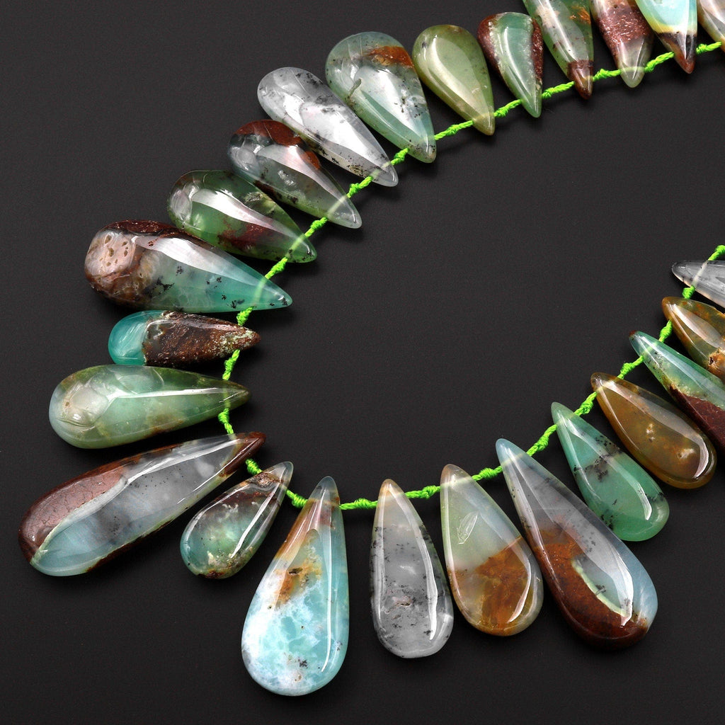 Gemmy Green Color~ Large Natural Australian Chrysoprase Teardrop Beads Focal Pendant Top Side Drilled Gemstone A6 15.5" Strand