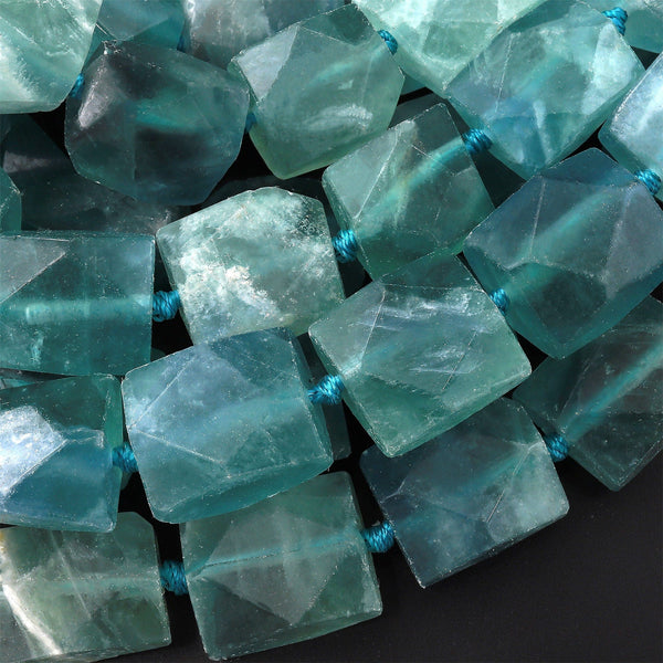 Large Faceted Natural Green Fluorite Square Nugget Beads 15.5" Strand