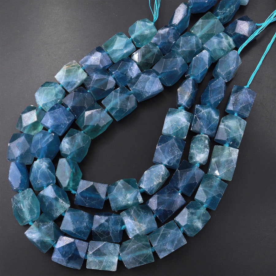 Rare Large Faceted Natural Blue Fluorite Square Nugget Beads 15.5" Strand