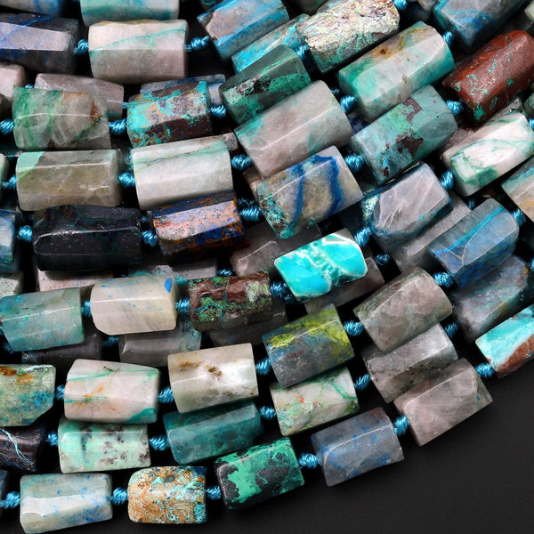 Natural Chrysocolla in Quartz Faceted Tube Cylinder Beads 15.5" Strand