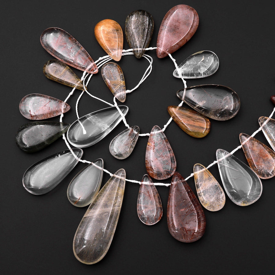 Natural Phantom Rutile Quartz Teardrop Focal Pendant Beads Side Drilled Natural Green Red Golden Quartz 15.5" Strand