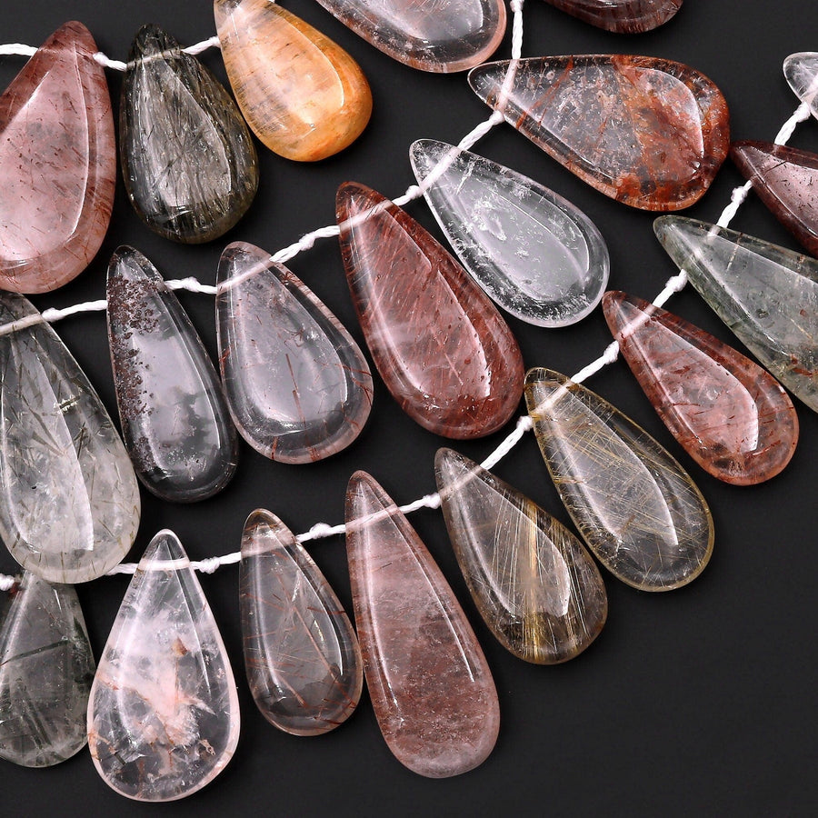 Natural Phantom Rutile Quartz Teardrop Focal Pendant Beads Side Drilled Natural Green Red Golden Quartz 15.5" Strand