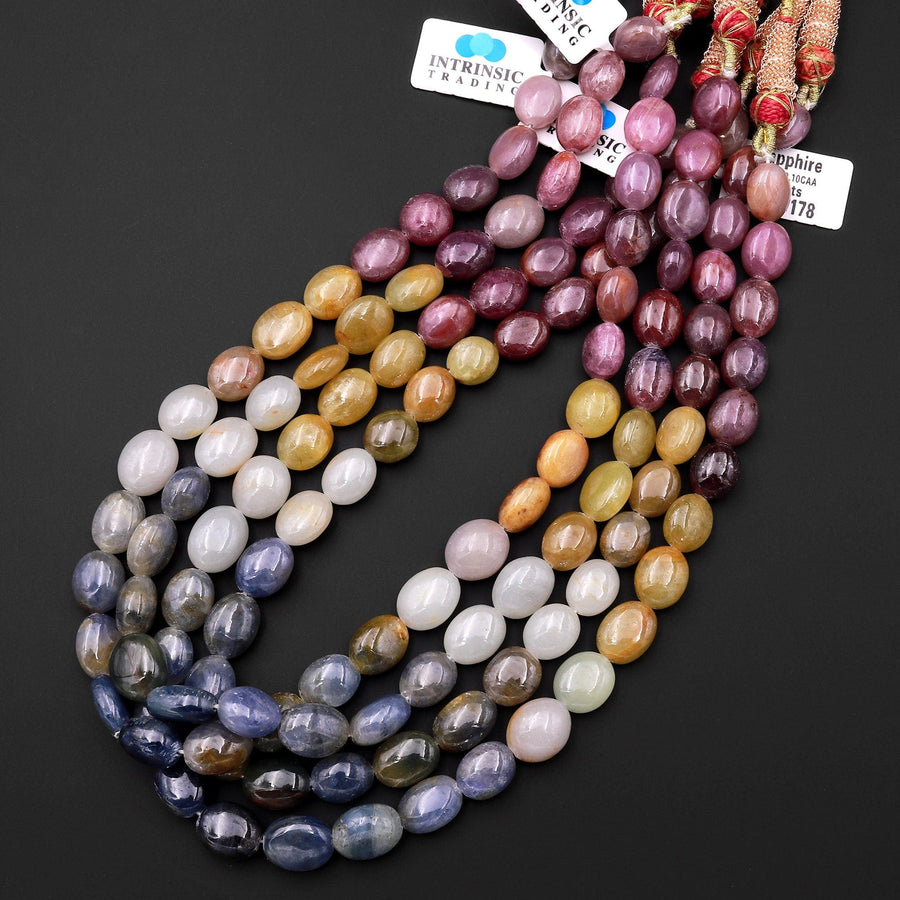 Natural Multicolor Red Pink Cream Yellow Sapphire Smooth Oval Pebble Large Gemstone Beads Necklace Strand