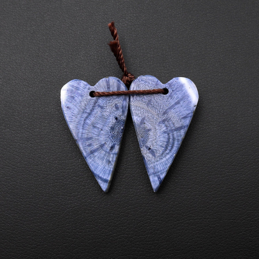 Natural Real Genuine Blue Sponge Coral Long Heart Earring Pair Drilled Gemstone Matched Beads