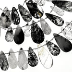 Natural Black Tourmaline Rutilated Quartz Long Teardrop Focal Pendant Beads Top Side Drilled Gemstone 15.5" Strand