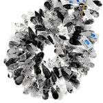 Natural Black Tourmaline Rutilated Quartz Long Teardrop Focal Pendant Beads Top Side Drilled Gemstone 15.5" Strand