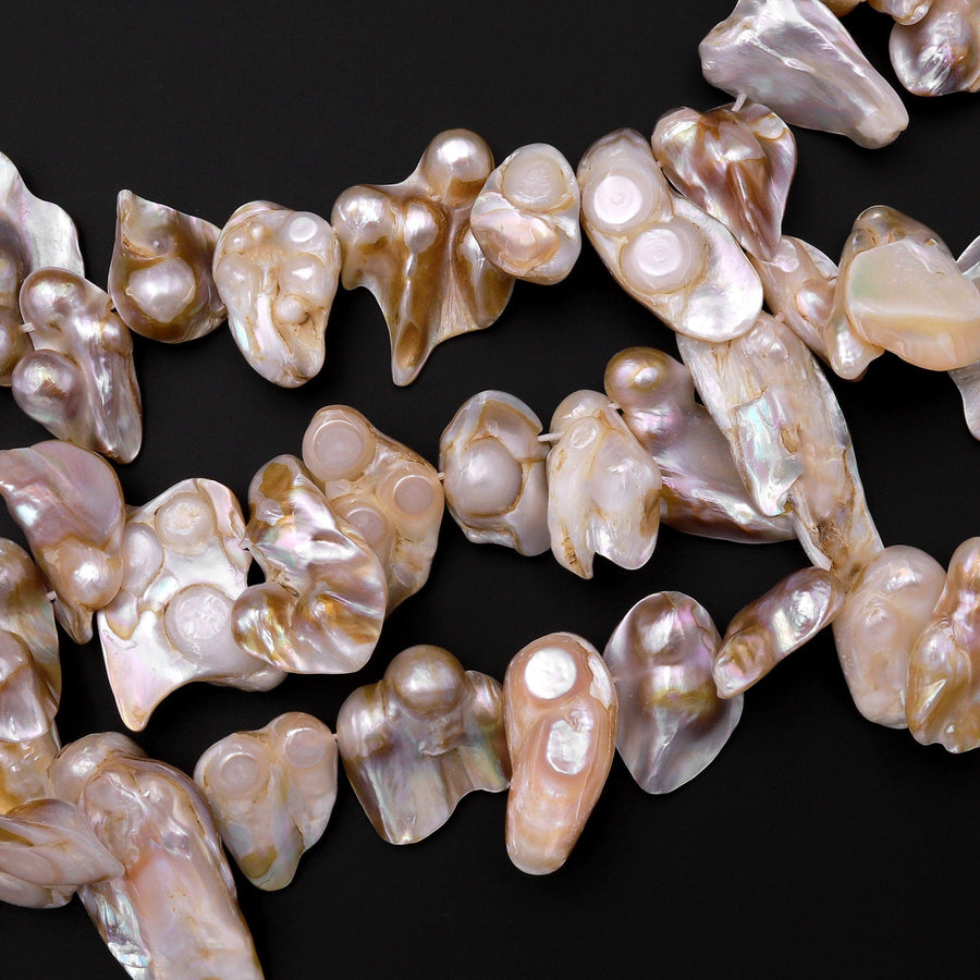 Large Genuine Freshwater Blister Pearl Freeform Top Side Drilled Shimmery Iridescent Golden Champagne Taupe Pearl 15.5" Strand