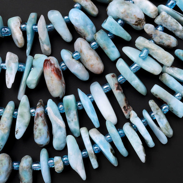 Natural Blue Larimar Beads Freeform Spike Top  Dilled Freeform Chip Real Larimar Stone 15.5" Strand