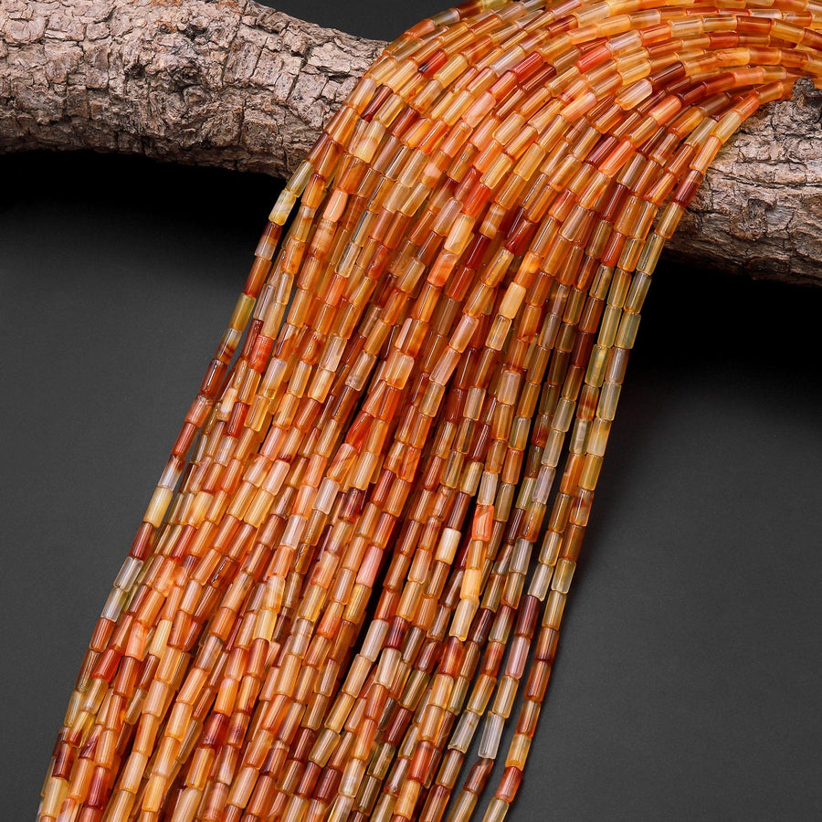 Natural Carnelian Small Thin Tube Beads 15.5" Strand