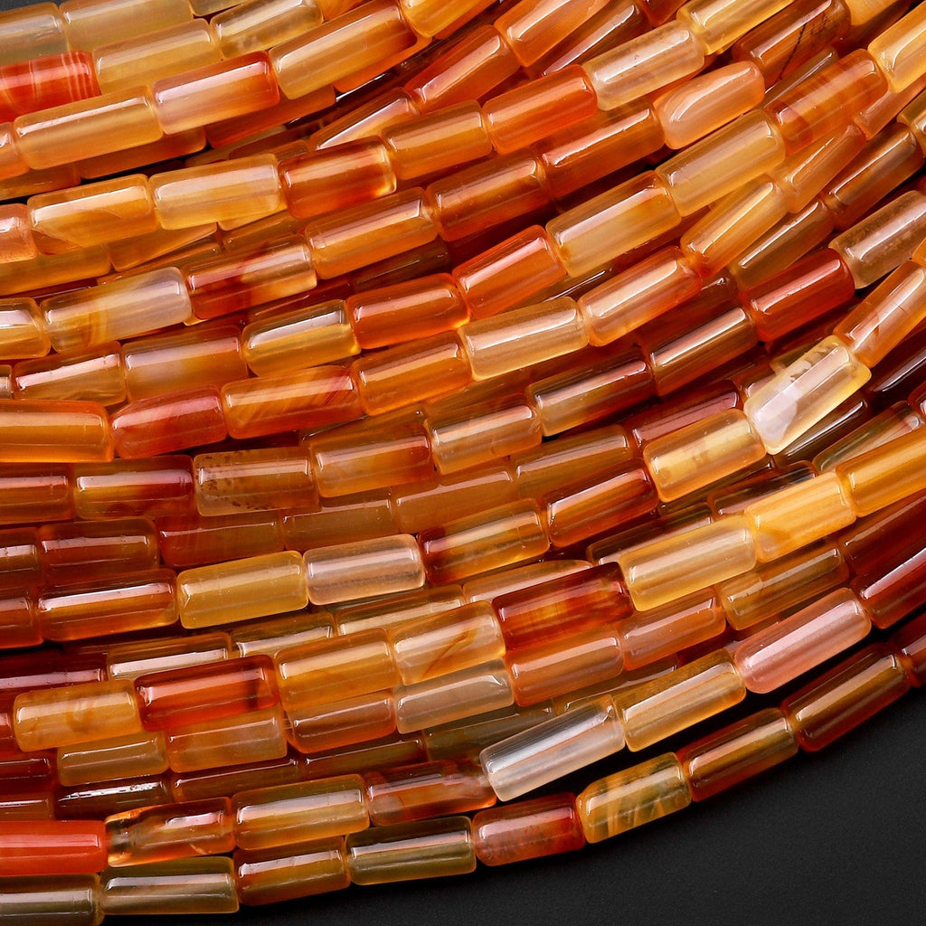 Natural Carnelian Small Thin Tube Beads 15.5" Strand