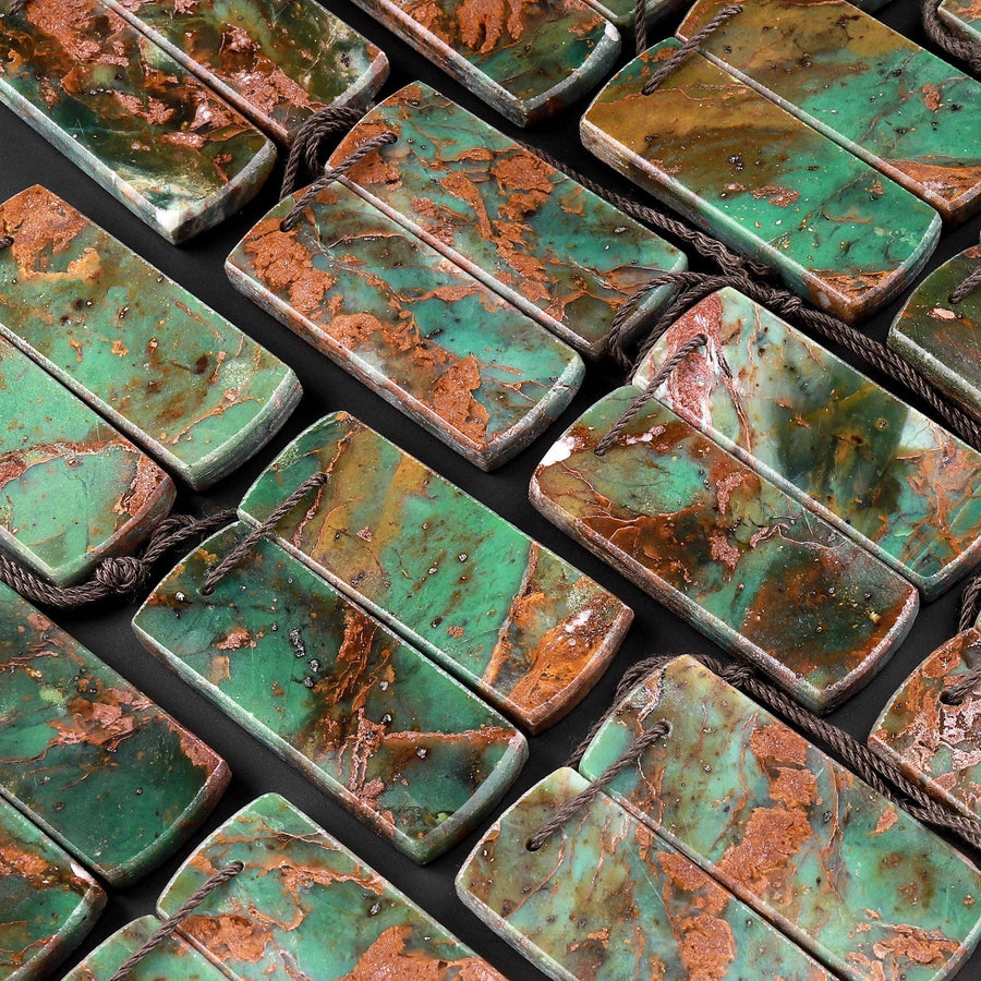 Natural African Green Opal Earring Flat Rectangle Cabochon Cab Pair Drilled Matched Gemstone Bead Pair