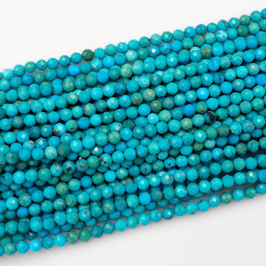 AAA Natural Blue Turquoise 2mm 3mm 4mm Faceted Round Beads Real Genuine Micro Cut Gemstone 15.5" Strand