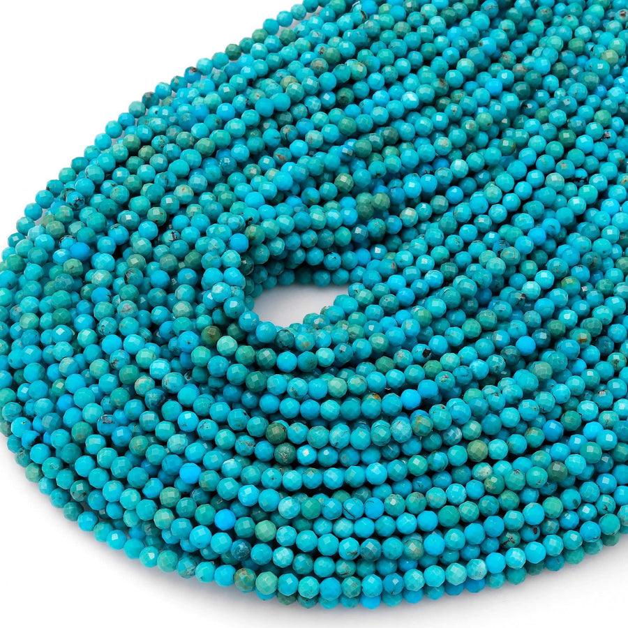 AAA Natural Blue Turquoise 2mm 3mm 4mm Faceted Round Beads Real Genuine Micro Cut Gemstone 15.5" Strand