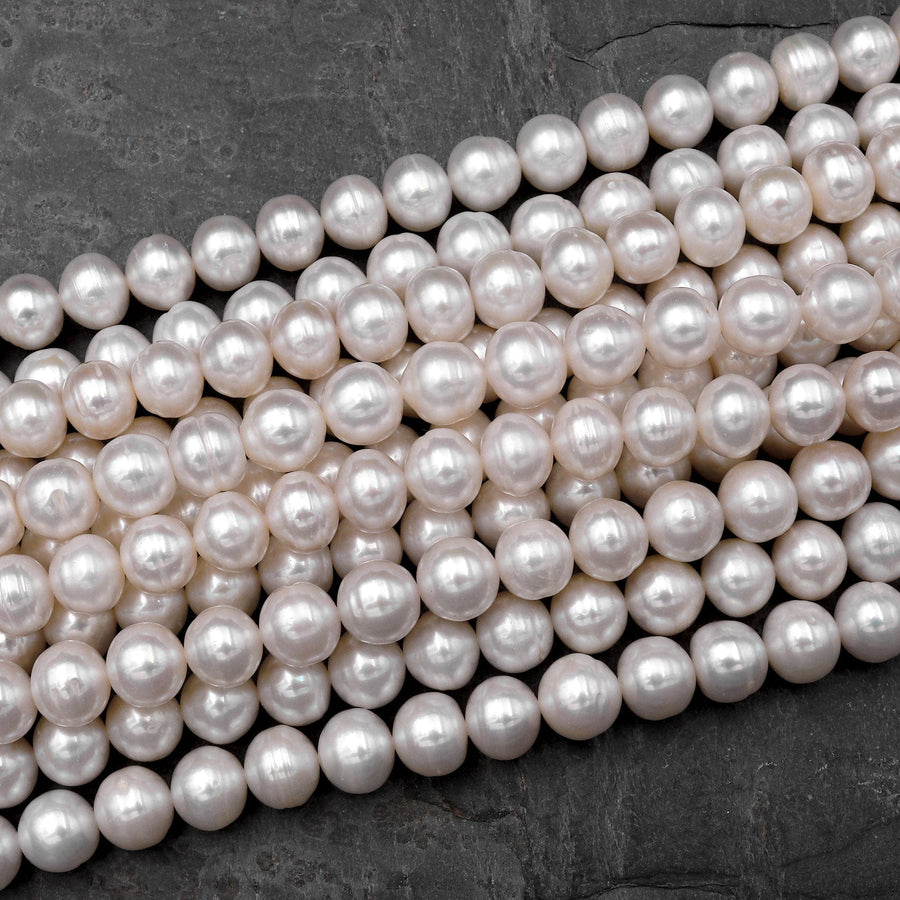 Genuine White Freshwater Pearl 6mm 8mm 10mm Off Round Shimmery Iridescent Classic Pearl 15.5" Strand