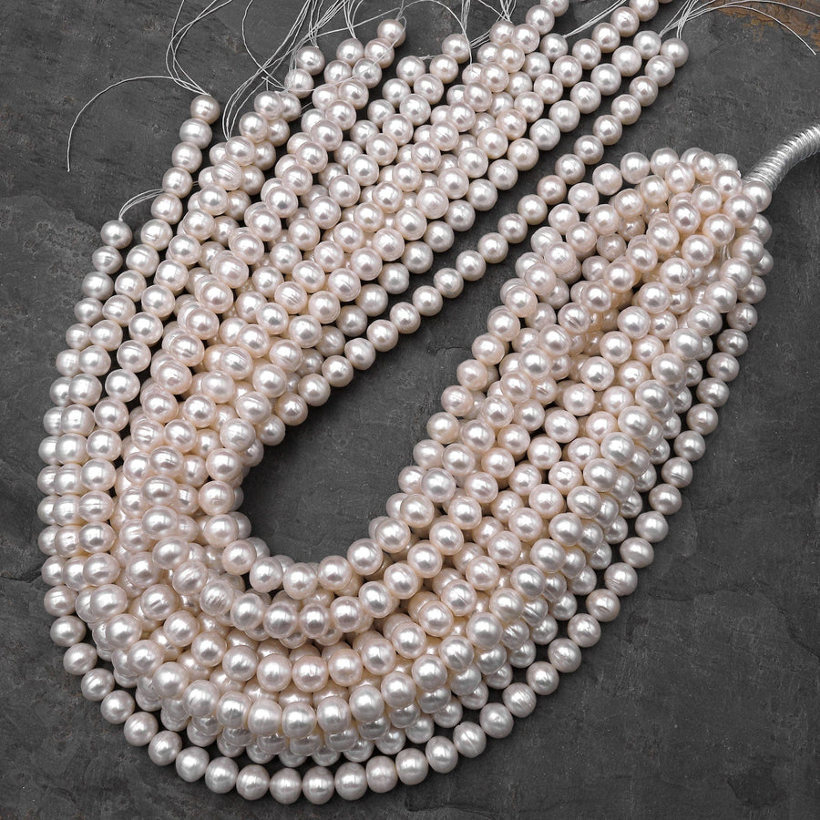 Genuine White Freshwater Pearl 6mm 8mm 10mm Off Round Shimmery Iridescent Classic Pearl 15.5" Strand