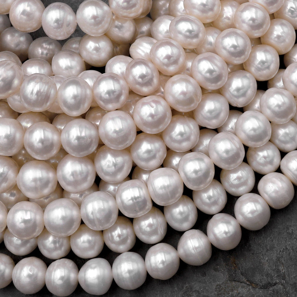 Genuine White Freshwater Pearl 6mm 8mm 10mm Off Round Shimmery Iridescent Classic Pearl 15.5" Strand