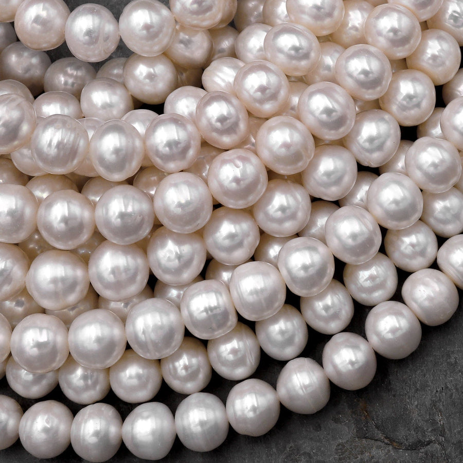 Genuine White Freshwater Pearl 6mm 8mm 10mm Off Round Shimmery Iridescent Classic Pearl 15.5" Strand
