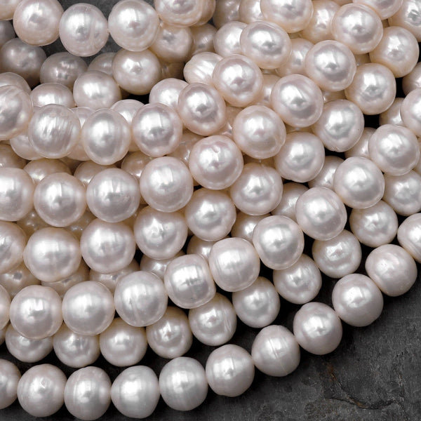 Genuine White Freshwater Pearl 6mm 8mm 10mm Off Round Shimmery Iridescent Classic Pearl 15.5" Strand