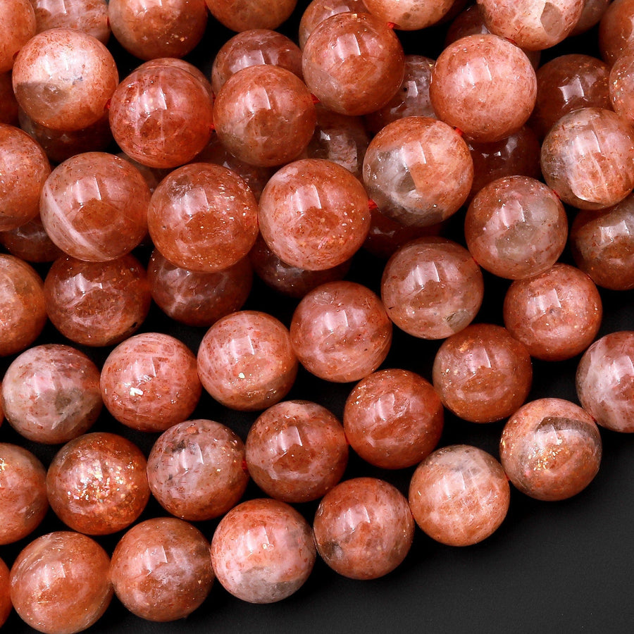 Fiery Natural Sunstone Round Beads 6mm 8mm 10mm 12mm Feldspar Golden Glitters Orange Red Gemstone 15.5" Strand