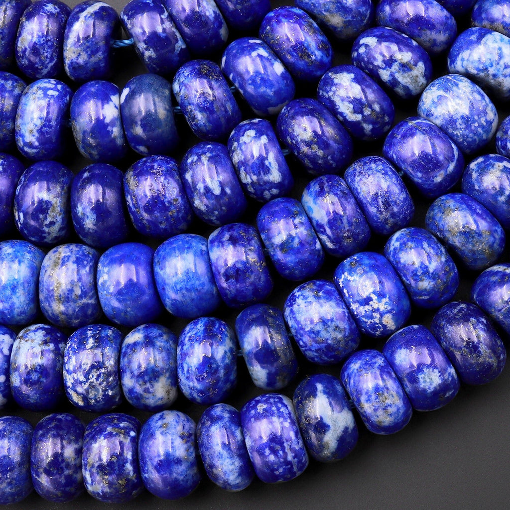 Natural Blue Lapis Lazuli Smooth Rondelle Beads 10mm White Calcite Matrix 15.5" Strand