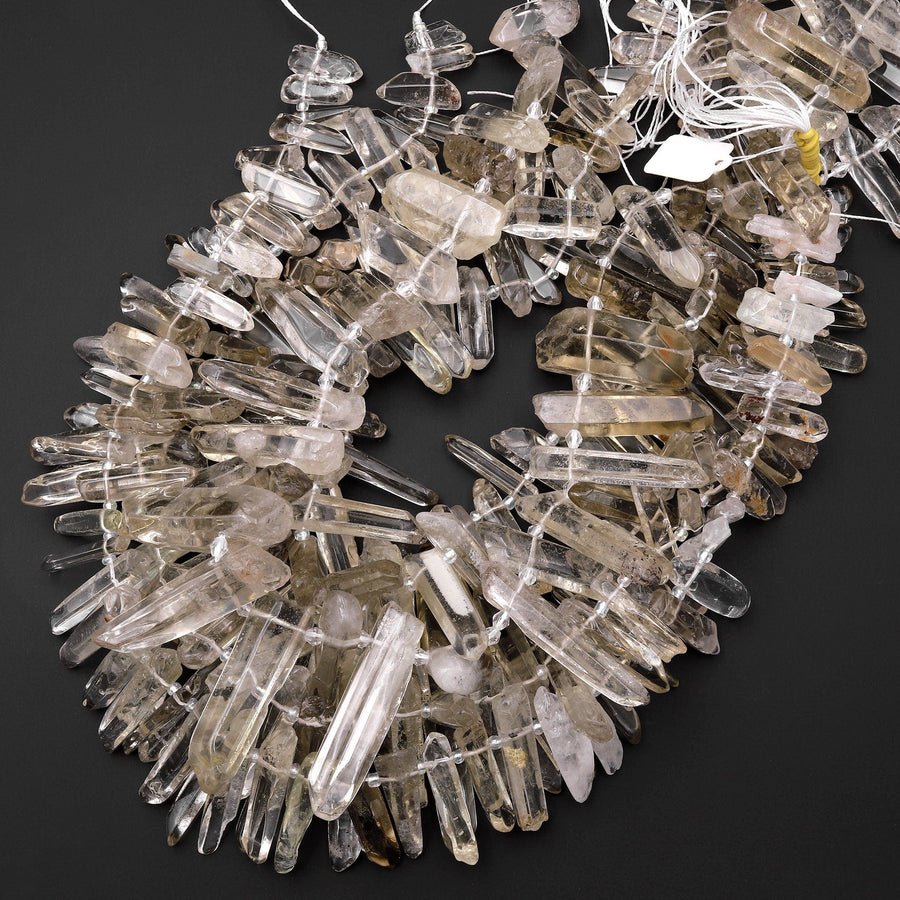 Rare Natural Smoky Champagne Rock Crystal Quartz Point Beads Top Drilled Sticks Spikes Freeform 15.5" Strand