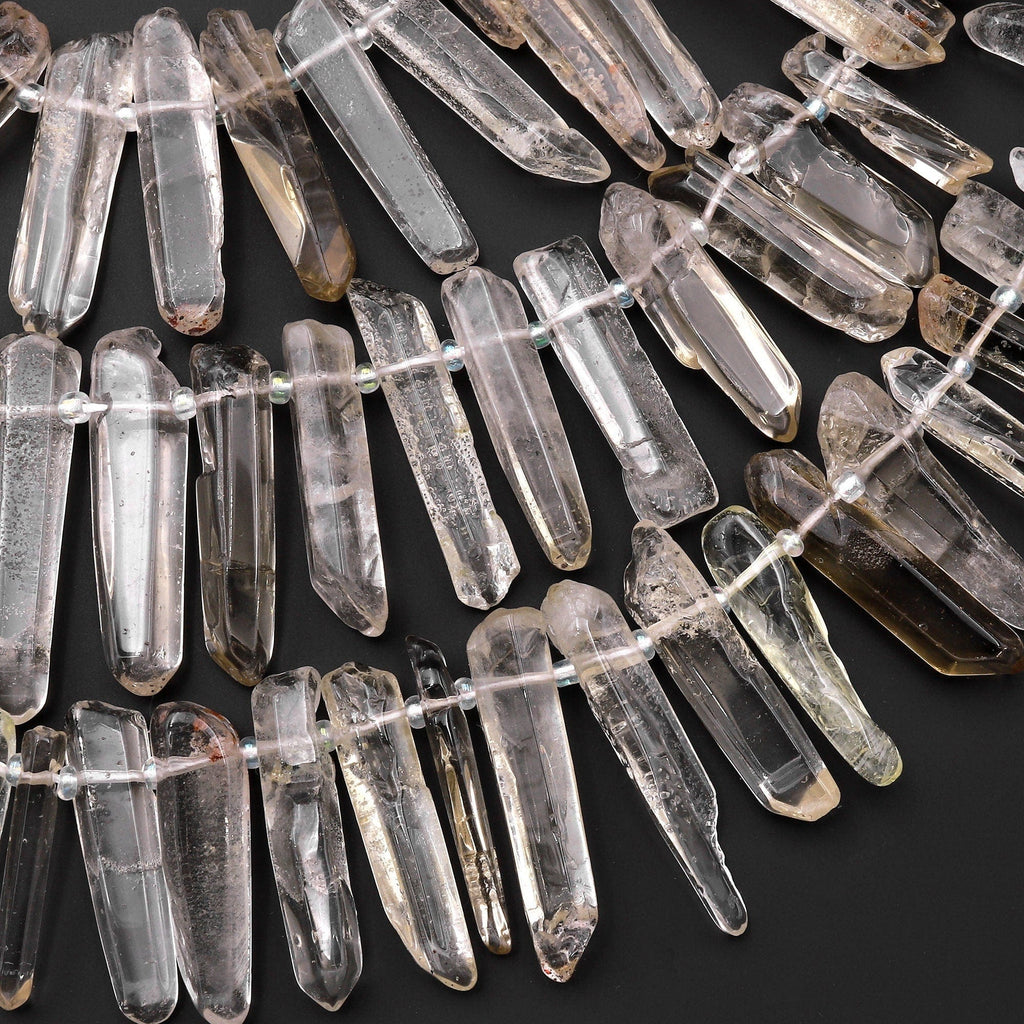 Rare Natural Smoky Champagne Rock Crystal Quartz Point Beads Top Drilled Sticks Spikes Freeform 15.5" Strand