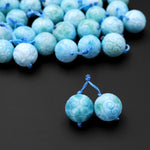 AAA Rare Hand Carved Natural Blue Larimar Round Beads Earring Pair Drilled Matched Gemstone