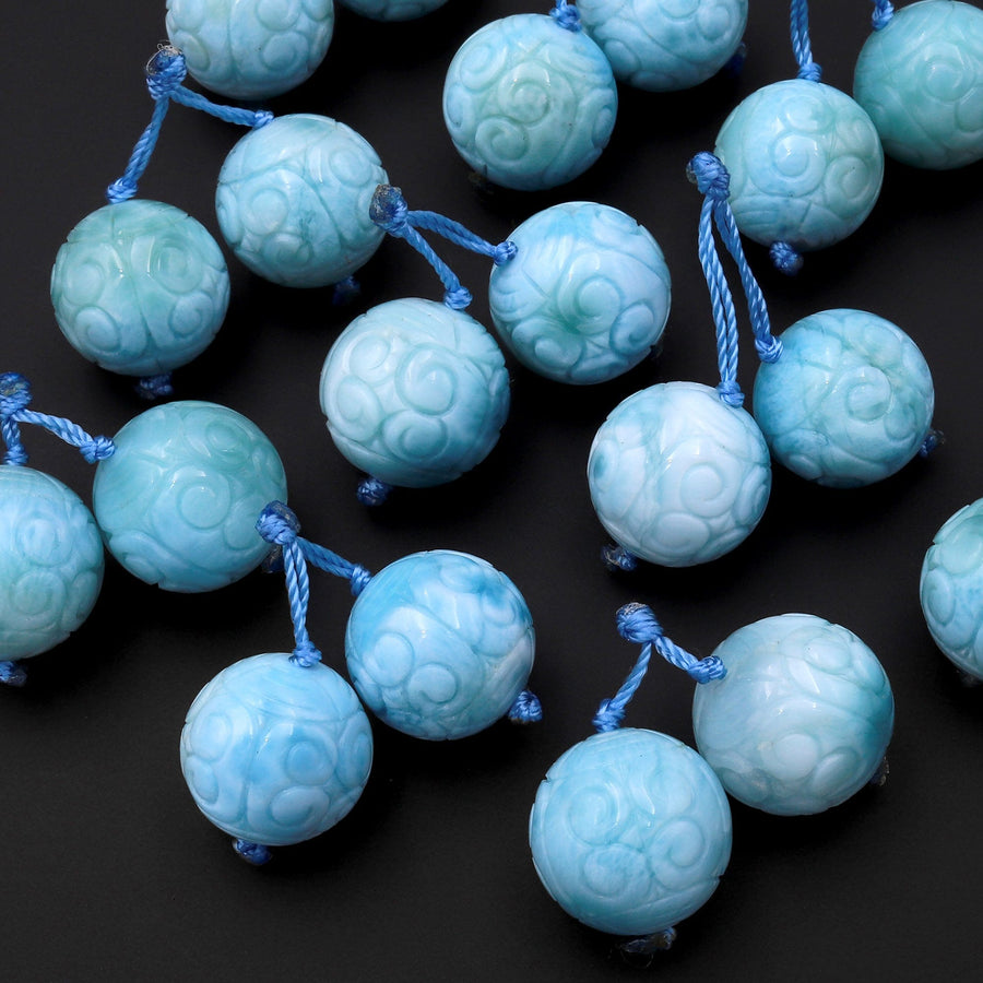 AAA Rare Hand Carved Natural Blue Larimar Round Beads Earring Pair Drilled Matched Gemstone