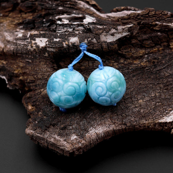 AAA Rare Hand Carved Natural Blue Larimar Round Beads Earring Pair Drilled Matched Gemstone
