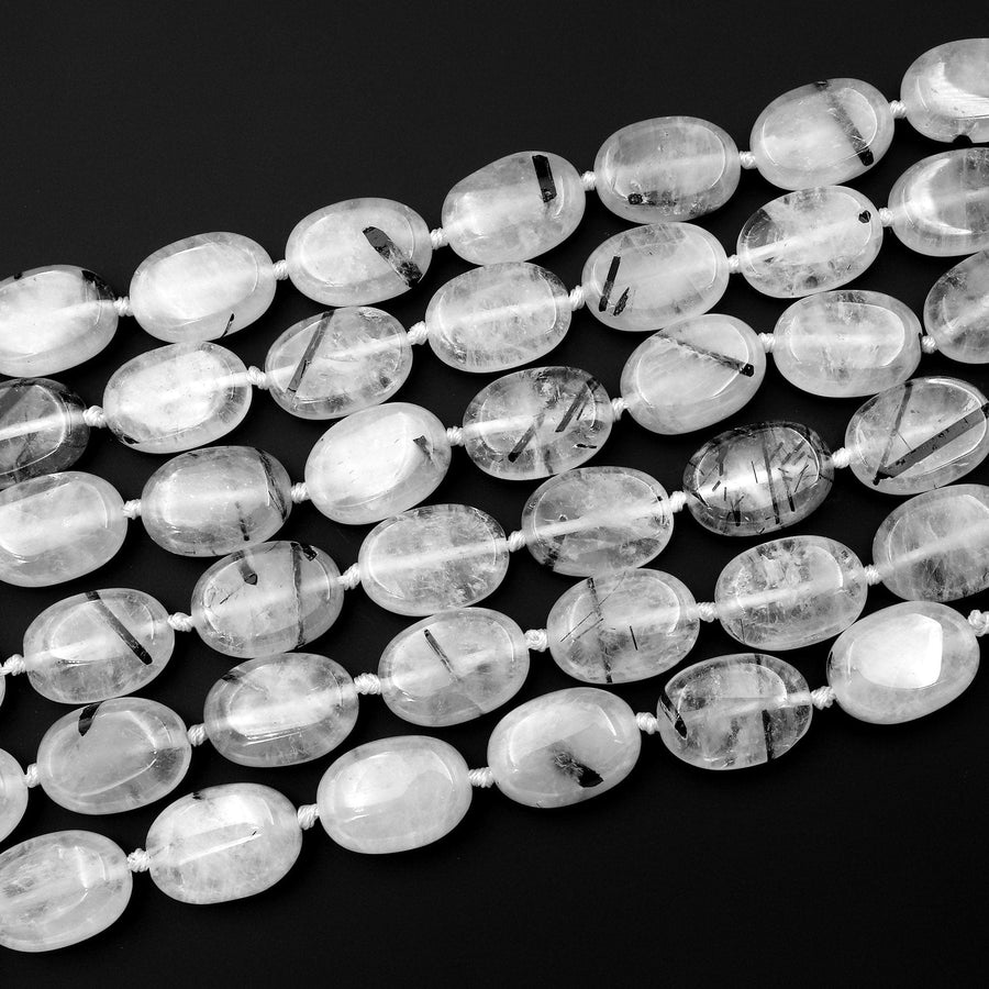 Natural Black Tourmaline Rutilated Quartz Oval Beads 18x13mm 15.5" Strand