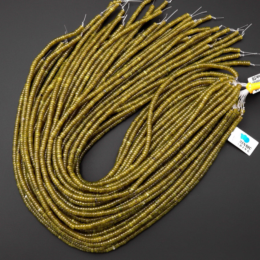Natural Olive Green Jade 4mm Heishi Gemstone Beads 15.5" Strand