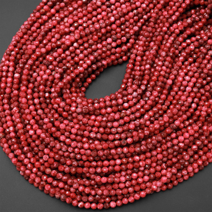 Faceted Natural Red Thulite 3mm 4mm Round Beads Micro Diamond Cut Gemstone From Norway 15.5" Strand